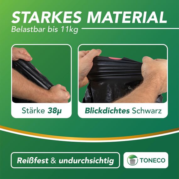 Toneco Müllbeutel 60L - MIT ZUGBAND - EXTRA BREIT & EXTRA STARK - 750 Beutel - reißfest & dicht - stabile Müllsäcke 60L - Fixierband Mülltüten -100% recycelt - für den Hausmüll - 30 Rollen à25 (750)