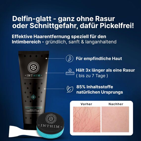 IntHim Enthaarungscreme Intimbereich Männer Doppelpack – Sanfte, gründliche Haarentfernungcreme ohne Rasur + DermaClean Pro Schwamm + Intim Waschlotion