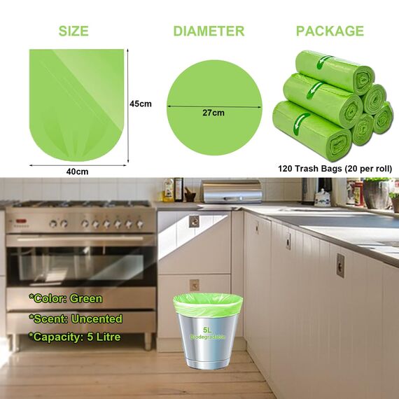Biomüllbeutel 5 Liter x 120, KITBEST 1.2 gal Bio Müllbeutel 5L Biomülltüten Kompostierbare Müllbeutel Müllsack, Bio Beutel Küchen Lebensmittel Abfallbeutel für Küche, Büro, Wohnzimmer (40 x 45cm)