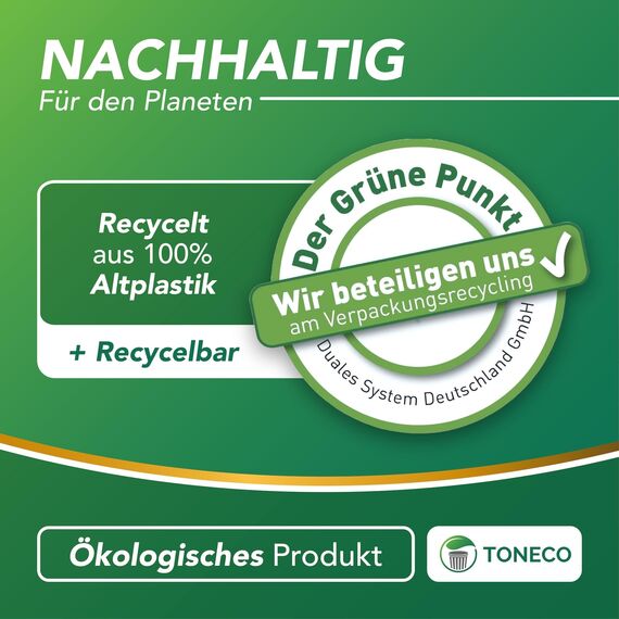 Toneco Müllbeutel 60L - MIT ZUGBAND - EXTRA BREIT & EXTRA STARK - 1000 Beutel - reißfest & dicht - stabile Müllsäcke 60L - Fixierband Mülltüten -100% recycelt - für den Hausmüll - 40 Rollen à25 (1000)