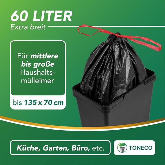 Toneco Müllbeutel 60L - MIT ZUGBAND - EXTRA BREIT & EXTRA STARK - 250 Beutel - reißfest & dicht - stabile Müllsäcke 60L - Fixierband Mülltüten -100% recycelt - für den Hausmüll - 10 Rollen à25 (250)