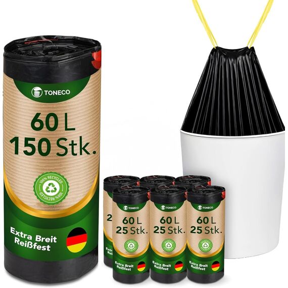 Toneco Müllbeutel 60L - MIT ZUGBAND - EXTRA BREIT & EXTRA STARK - 150 Beutel - reißfest & dicht - stabile Müllsäcke 60L - Fixierband Mülltüten -100% recycelt - für den Hausmüll - 6 Rollen à25 (150)