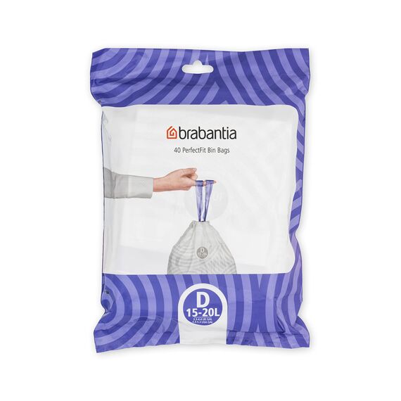 Brabantia Müllbeutel PerfectFit Spenderpackung (Code D - 15L / 20L) Extra Starke müllsäcke Mit Zugband (40 Müllbeutel)