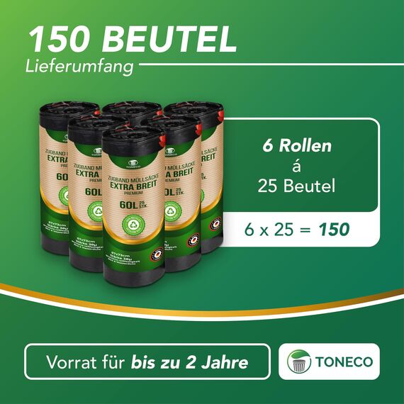 Toneco Müllbeutel 60L - MIT ZUGBAND - EXTRA BREIT & EXTRA STARK - 150 Beutel - reißfest & dicht - stabile Müllsäcke 60L - Fixierband Mülltüten -100% recycelt - für den Hausmüll - 6 Rollen à25 (150)