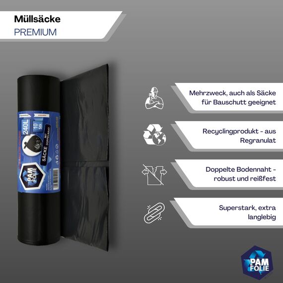PAM-FOLIE Müllsäcke 240L - 10 Stück - XXL, Dicke, Große Abfallsäcke, Premium - 120x130cm - 45µm - schwarzer Müllbeutel - Säcke für Bauschutt Abfalls - Ideale Säcke für 240-Liter-Behälter