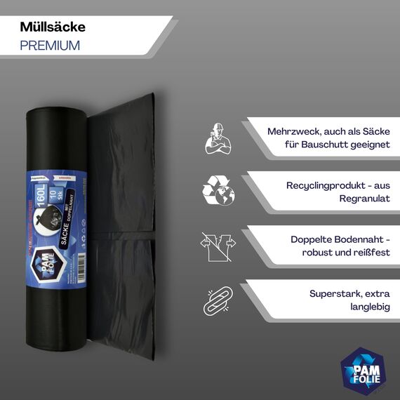PAM-FOLIE Müllsäcke 160L - 10 Stück - Dicke, Große Abfallsäcke, Premium - 90x110cm - 40µm - schwarzer Müllbeutel - Bauschuttsäcke - Säcke für Bauschutt Abfalls