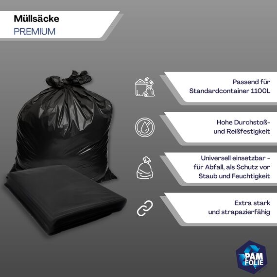 PAM-FOLIE Müllsäcke 1100L für Müllcontainer - 5 Stück - Set - XXL Große, Starke, Dicke Abfallsäcke - 235 cm x 180 cm - 50µm - Schutzhülle - Müllbeutel Schwarz - Universelle Säcke