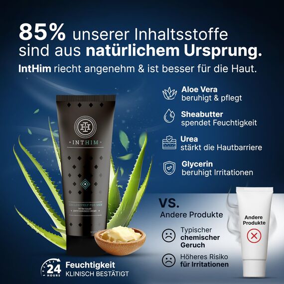 IntHim Enthaarungscreme Intimbereich Männer Doppelpack – Sanfte, gründliche Haarentfernungcreme ohne Rasur + DermaClean Pro Schwamm + Intim Waschlotion