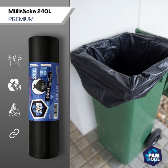 PAM-FOLIE Müllsäcke 240L - 10 Stück - XXL, Dicke, Große Abfallsäcke, Premium - 120x130cm - 45µm - schwarzer Müllbeutel - Säcke für Bauschutt Abfalls - Ideale Säcke für 240-Liter-Behälter