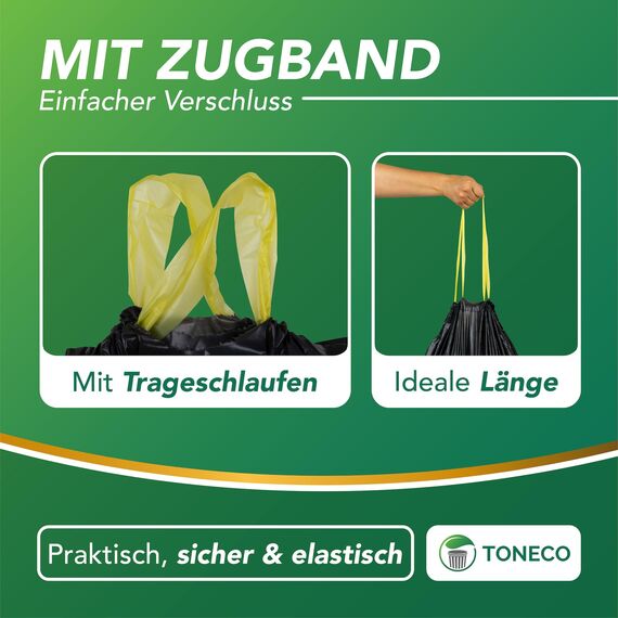 Toneco Müllbeutel 60L - MIT ZUGBAND - EXTRA BREIT & EXTRA STARK - 750 Beutel - reißfest & dicht - stabile Müllsäcke 60L - Fixierband Mülltüten -100% recycelt - für den Hausmüll - 30 Rollen à25 (750)