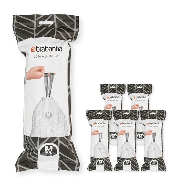 Brabantia Müllbeutel PerfectFit Multipack (Code M - 60L) Extra Starke Müllsäcke mit Zugband, 6 rollen (120 Müllbeutel)