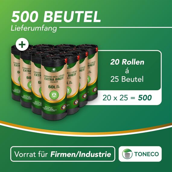 Toneco Müllbeutel 60L - MIT ZUGBAND - EXTRA BREIT & EXTRA STARK - 500 Beutel - reißfest & dicht - stabile Müllsäcke 60L - Fixierband Mülltüten -100% recycelt - für den Hausmüll - 20 Rollen à25 (500)
