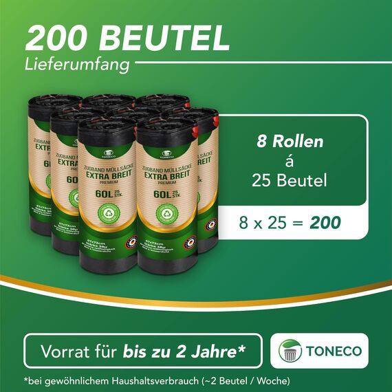 Toneco Müllbeutel 60L - MIT ZUGBAND - EXTRA BREIT & EXTRA STARK - 200 Beutel - reißfest & dicht - stabile Müllsäcke 60L - Fixierband Mülltüten -100% recycelt - für den Hausmüll - 8 Rollen à25 (200)