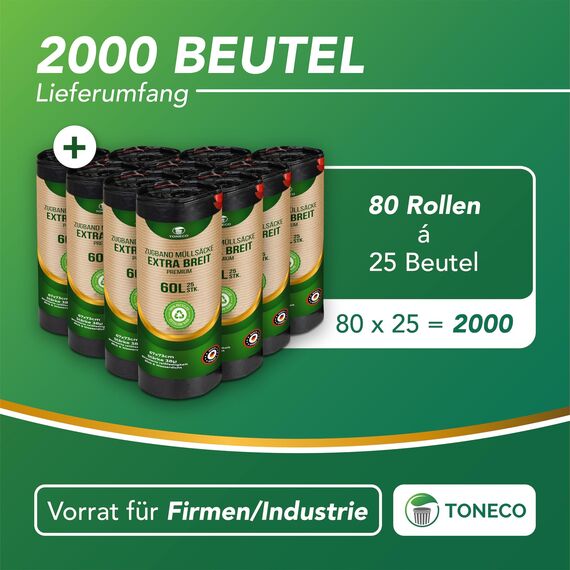 Müllsäcke 60L Schwarz MIT ZUGBAND EXTRA BREIT 67x73cm (50 bis 2000 Säcke) (2000)
