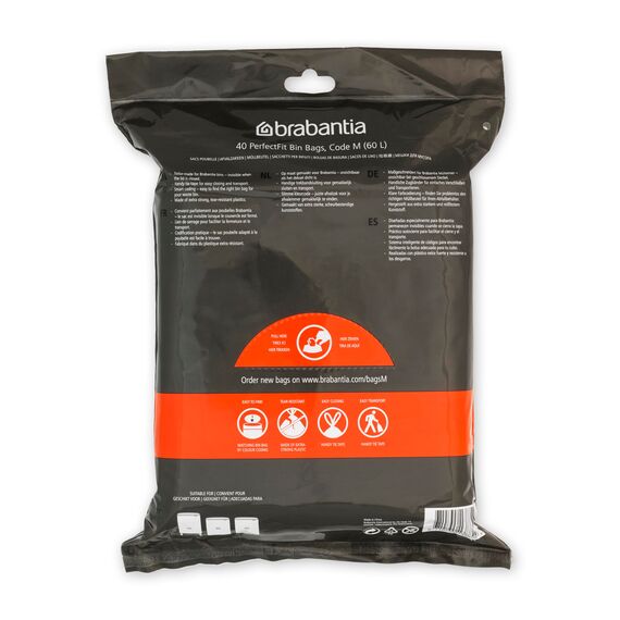 Brabantia Müllbeutel PerfectFit Spenderpackung (Code M - 60L) Extra Starke müllsäcke Mit Zugband (40 Müllbeutel)