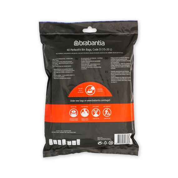Brabantia Müllbeutel PerfectFit Spenderpackung (Code D - 15L / 20L) Extra Starke müllsäcke Mit Zugband (40 Müllbeutel)