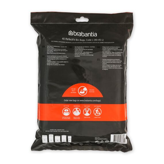 Brabantia Müllbeutel PerfectFit Spenderpackung (Code L - 40L / 45L) Extra Starke müllsäcke Mit Zugband (40 Müllbeutel)