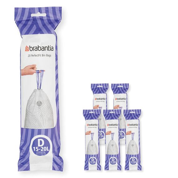 Brabantia Müllbeutel PerfectFit Multipack (Code D - 15L / 20L) Extra Starke Müllsäcke mit Zugband, 6 rollen (120 Müllbeutel)