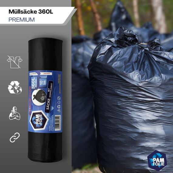 PAM-FOLIE Müllsäcke 360L - 10 Stück - XXL Große, Extra Stark, Dicke Abfallsäcke, Premium - 120x150cm - 50µm - schwarzer Müllbeutel - Bauschuttsäcke -Säcke für Bauschutt Abfalls, Styropor