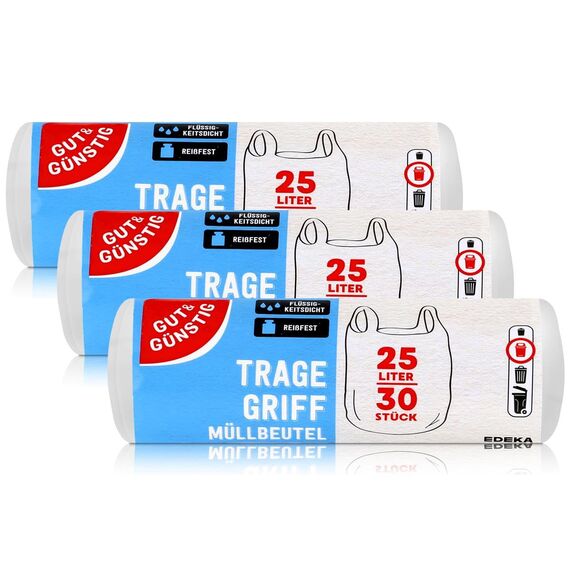 Gut & Günstig Tragegriff Müllbeutel 25L (30 Stück) - 3er Pack (3 x 30 Stück) reißfest und flüssigkeitsdicht