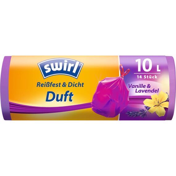 Swirl Duft-Müllbeutel Vanille-Lavendel mit Zugband, 10 Liter, 4 Rollen mit je 14 Beuteln