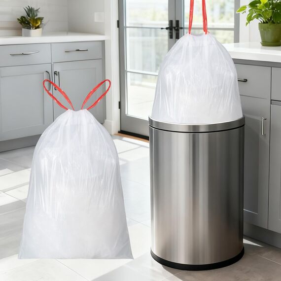 AURMOO Reißfest Müllbeutel 5L mit Zugband, Abbaubar Biomüllbeutel, 210 Stück, Tropfsichere Mülltüten mit Zugband, Reißfeste Müllsäcke für Mülleimer, B32XH35cm, Weiß