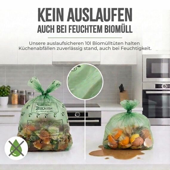 BIOvative PRODUCTS 10L Biomüllbeutel mit Henkel | 100 Müllbeutel, kompostierbar, Made in Germany | Reißfeste Bio-Abfallbeutel, klimaneutralisiert & vegan
