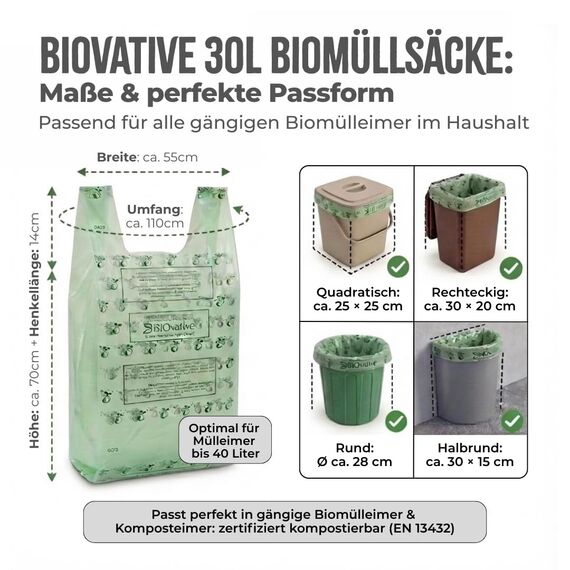 BIOvative PRODUCTS 30L Biomüllbeutel mit Henkel | 39 Müllbeutel, kompostierbar, Made in Germany | Reißfeste Bio-Abfallbeutel, klimaneutralisiert & vegan