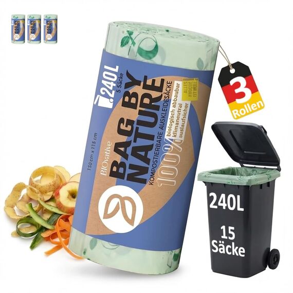 BIOvative PRODUCTS 240L Biomüllsäcke für Biotonne | 15 Müllsäcke, kompostierbar, Made in Germany | Reißfeste Bio-Abfallsäcke, klimaneutralisiert & vegan
