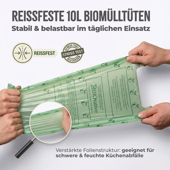BIOvative PRODUCTS 10L Biomüllbeutel mit Henkel | 100 Müllbeutel, kompostierbar, Made in Germany | Reißfeste Bio-Abfallbeutel, klimaneutralisiert & vegan