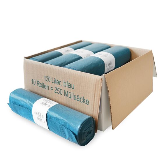 Müllsäcke, 250 St. extra starke blaue Müllbeutel, 120 l Fassungsvermögen, 700 x 1.100 mm, Typ 70 mit 42 my, besonders reißfest, ideal für Garten, Umzüge, Entrümpelungen & Haushalt, 10er Pack