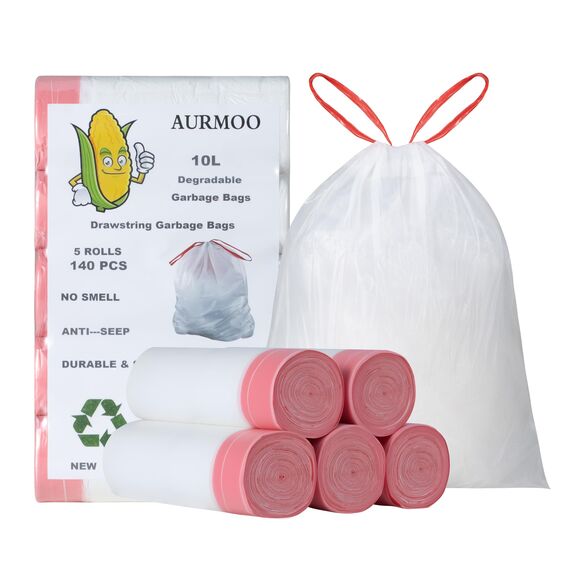 AURMOO Reißfest Müllbeutel 10L mit Zugband, Abbaubar Biomüllbeutel, 140 Stück, Tropfsichere Mülltüten mit Zugband, Reißfeste Müllsäcke für Mülleimer, B45XH50cm, Weiß