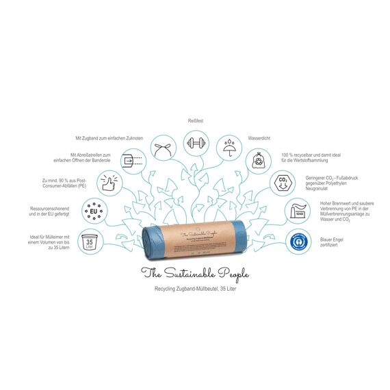 TSP Recycling Zugband Müllbeutel 35L - zu mind. 90% aus Post-Consumer-Abfällen (PE) - Blauer Engel zertifiziert - sicher & reißfest - für den Restmüll und die Wertstoffsammlung (35 Liter (15 Stück))
