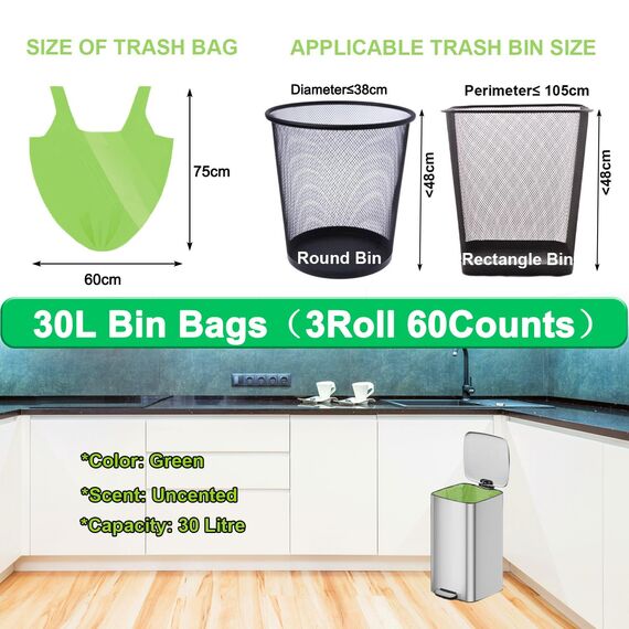 KITBEST 60 Müllbeutel, biologisch abbaubar, Lebensmittelabfallbeutel mit Kordelzug, starker grüner Schwing-Müllbeutel für Badezimmer, Büro, WC, Küche (60 x 75 cm)