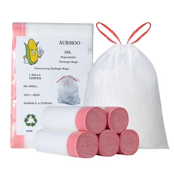AURMOO Reißfest Müllbeutel 25L mit Zugband, Abbaubar Biomüllbeutel, 120 Stück, Tropfsichere Mülltüten mit Zugband, Reißfeste Müllsäcke für Mülleimer, B50XH60cm, Weiß
