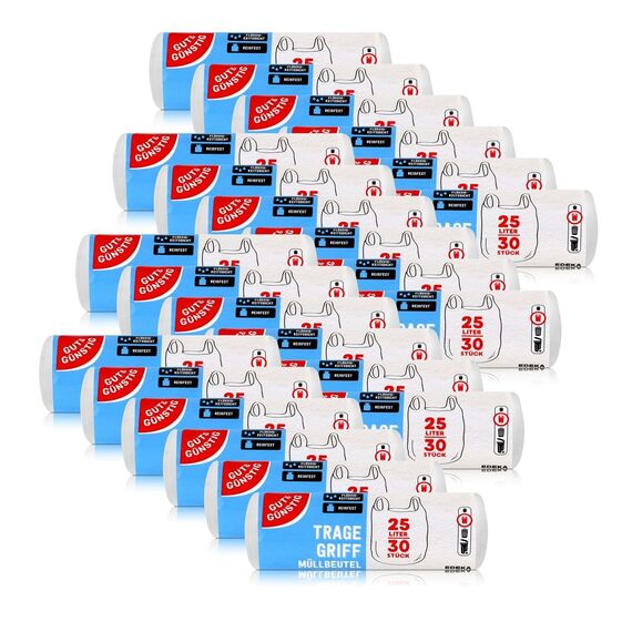 Gut & Günstig 24 Müllbeutel mit Tragegriff, 25 Liter, 30 Stück pro Rolle, Reißfest und flüssigkeitsbeständig, Produkt und Verpackung recyclebar