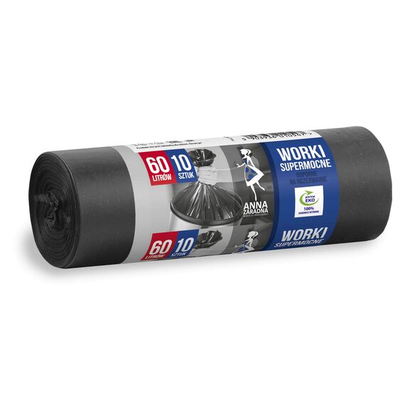 ANNA ZARADNA ST-AZ-010547 Müllbeutel Reißfest Super Stark 60l | 10 Stück | Müllsack Mülltüte Abfallsäcke für Den Hausmüll Büro aus dicker LDPE-Regranulatfolie Farbe: Schwarz