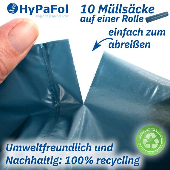 ???????????????????? ????????????????: Hypafol 100 Stück reißfeste Müllsäcke | extra starke Abfallsäcke | 10 blaue Rollen | 240 L Fassungsvolumen | stabile Müllbeutel aus umweltfreundlicher Recyclingfolie