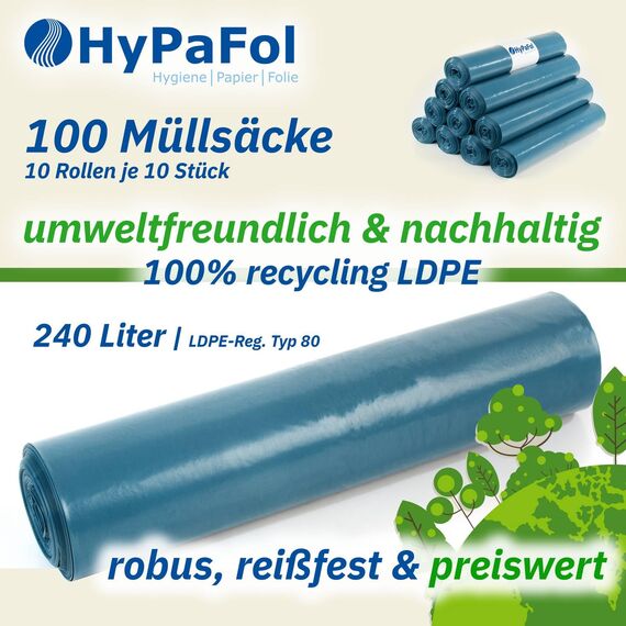???????????????????? ????????????????: Hypafol 100 Stück reißfeste Müllsäcke | extra starke Abfallsäcke | 10 blaue Rollen | 240 L Fassungsvolumen | stabile Müllbeutel aus umweltfreundlicher Recyclingfolie
