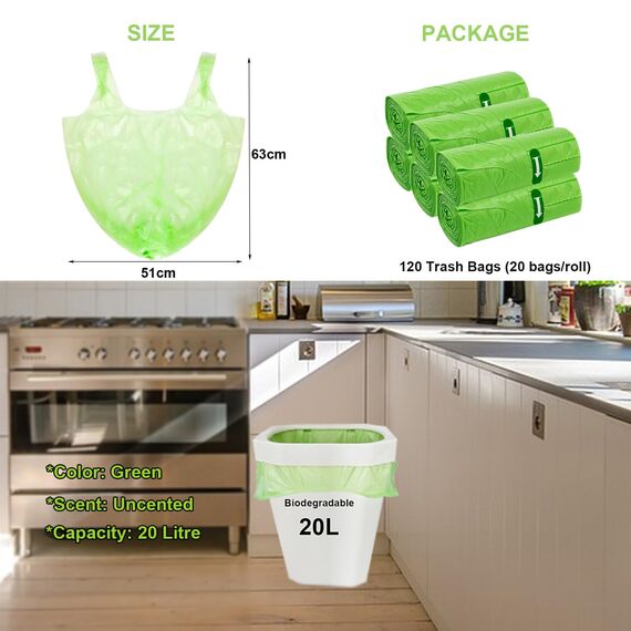 120 Kitbest Biologisch Abbaubare Müllbeutel 20L, Kleine Lebensmittelabfallbeutel Mit Griff, Grün, Pedal, Kompostierbare Schwing-Müllbeutel für Badezimmer, Büro, WC, Küche (51 x 63 cm)