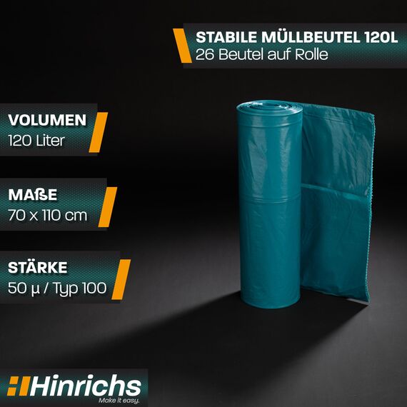 Hinrichs Müllsäcke 120L extra Stark - 26er Rolle - 70x110 cm - Extrem reißfeste Müllbeutel - Mülltüten aus Recycling LDPE - Blaue Säcke - Abfallsäcke für Haushalt, Garten & Baustelle