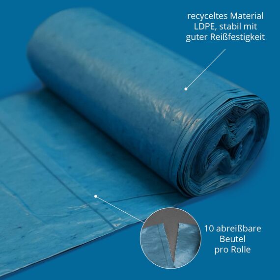 Hypafol 200 Stück reißfeste Müllsäcke | extra starke Abfallsäcke | 20 blaue Rollen | 60 L Fassungsvolumen | stabile Müllbeutel aus umwelfreundlicher Recyclingfolie