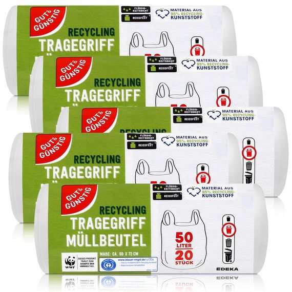 Gut & Günstig Müllbeutel mit Tragegriff, 50 Liter, 20 Stück pro Rolle, reiß- und flüssigkeitsbeständig, recycelbares Produkt und Verpackung
