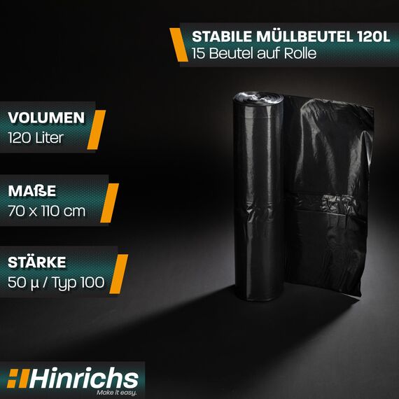 Hinrichs Müllsäcke 120L extra Stark - 15er Rolle - 70x110 cm - reißfeste Müllbeutel - Mülltüten aus Recycling LDPE - Abfallsäcke für Garten, Haushalt & Baustelle - 15 Stück Müllbeutel 120 L schwarz