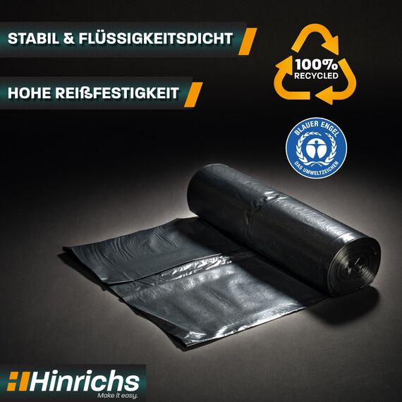 Hinrichs Müllsäcke 120L extra Stark - 15er Rolle - 70x110 cm - reißfeste Müllbeutel - Mülltüten aus Recycling LDPE - Abfallsäcke für Garten, Haushalt & Baustelle - 15 Stück Müllbeutel 120 L schwarz