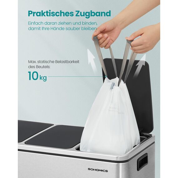 SONGMICS Müllbeutel mit Zugband, hochbelastbar, Müllsäcke für 20 Liter Mülleimer, bereits getrennt, Schnellzugriffsbox, Code L, 2 Rollen, insgesamt 80 Stück, weiß KRB021A02
