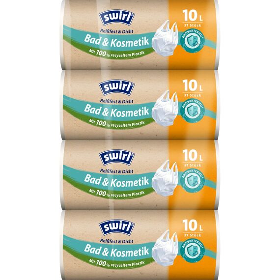Swirl Reißfest & Dicht Bad & Kosmetik Tragegriff Müllbeutel 10 l (4 x 37 Beutel), tropfsichere Kosmetik-Müllsäcke, reißfeste Mülltüten mit praktischem Tragegriff