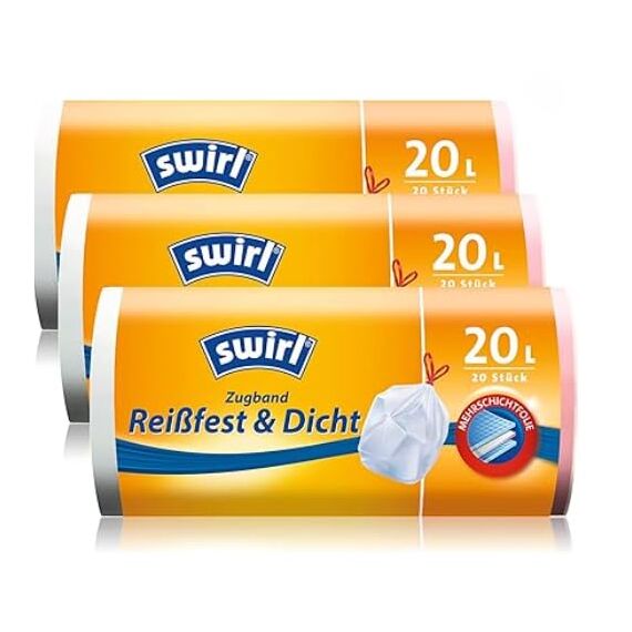 Swirl Reißfest & Dicht Zugband Müllbeutel, Multipack 3x 20l/20Beutel