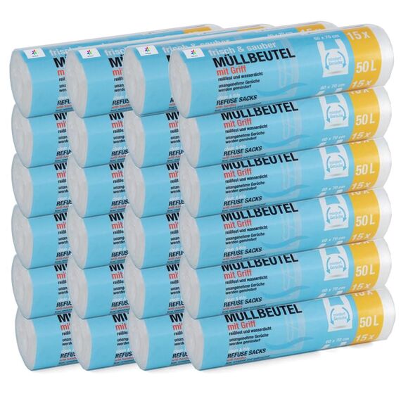 150 Stück Müllbeutel Premiumline: 50 Liter, 10er Pack, Größe: 60 x 70 cm - Besonders reißfest und wasserdicht - Mit Trage-Griff/Henkel