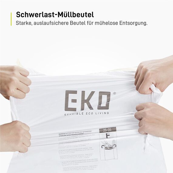 EKO Müllbeutel 25–35L, Reißfeste Müllsäcke mit praktischem Zugband, Größe E, Extra starke & dichte Mülltüten für Küchenmülleimer, 12 Stück, Weiß